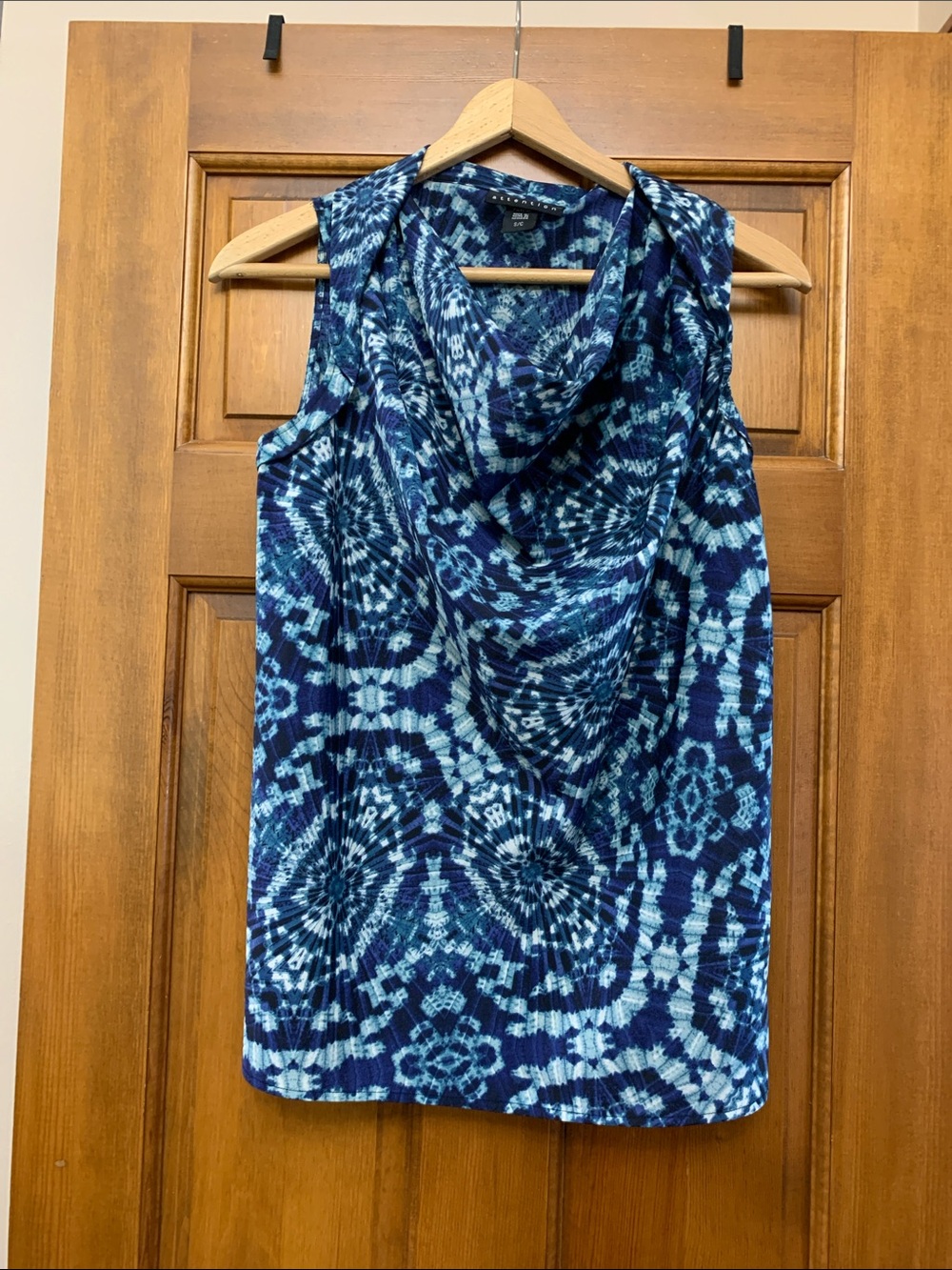 Attention Sleeveless Cowl Neck Top - Blue Tie-Dye Pattern